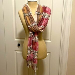 Bohemian Water Color Scarf & Wrap OS Womens puckered gathered fringe Pom poms